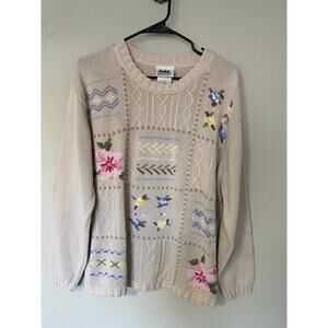 Northern Reflections Vintage Cotton Blend Floral Cable Knit Sweater Large